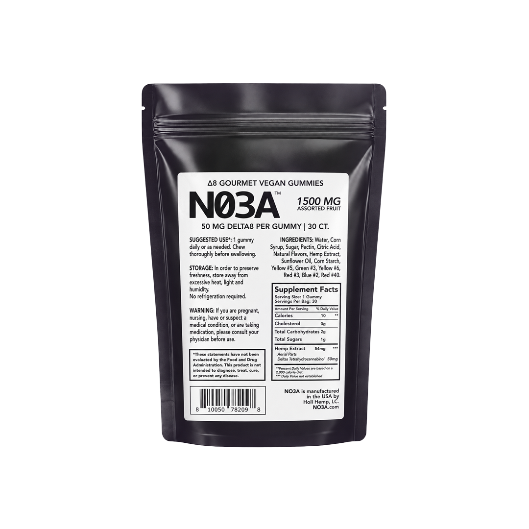 50mg D8 per gummy. 30ct bag of Assorted Fruit (1500mg per bag)