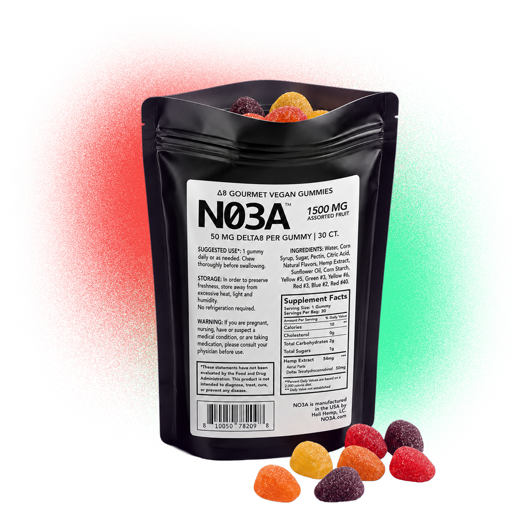 50mg D8 per gummy. 30ct bag of Assorted Fruit (1500mg per bag)