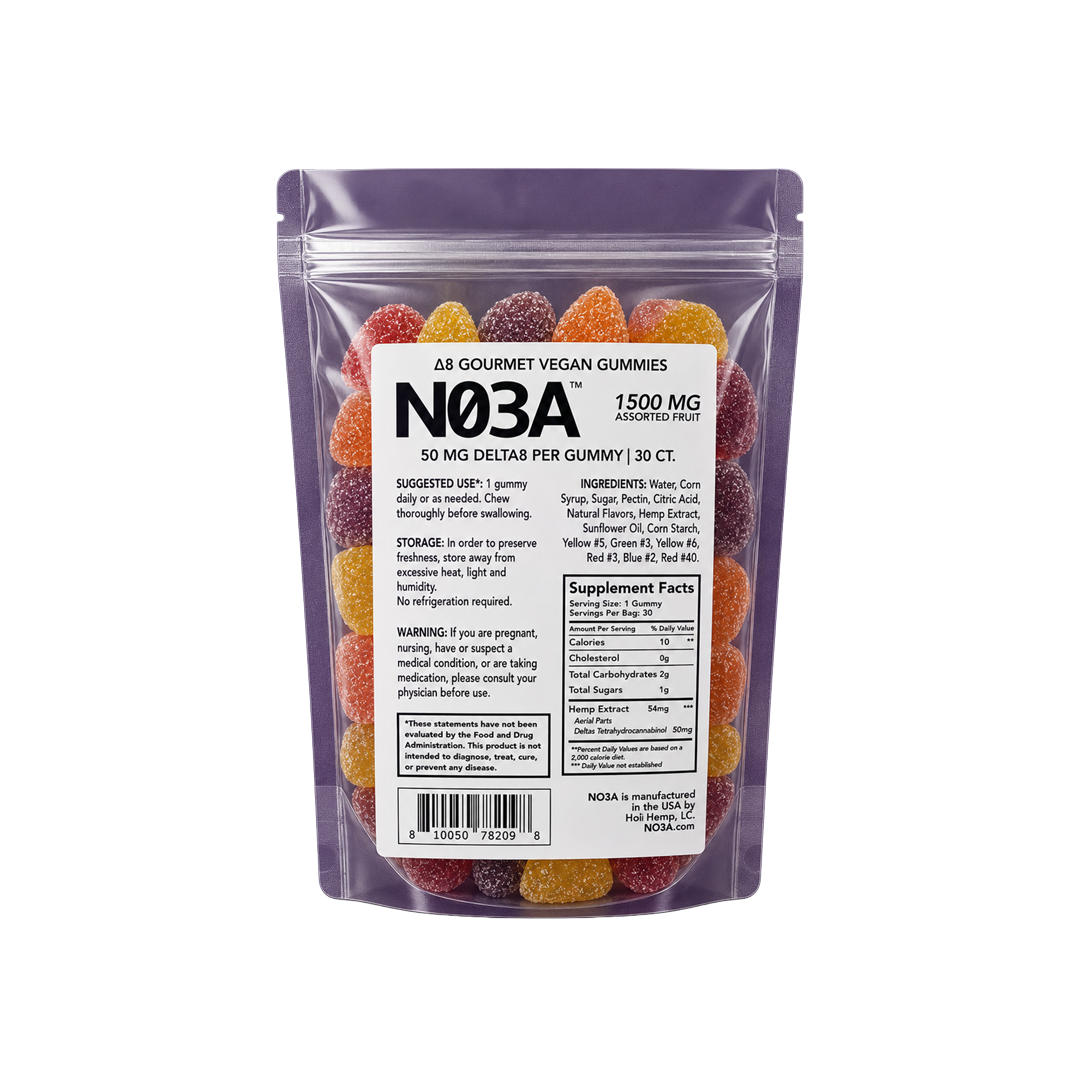 50mg D8 per gummy. 30ct bag of Assorted Fruit (1500mg per bag)