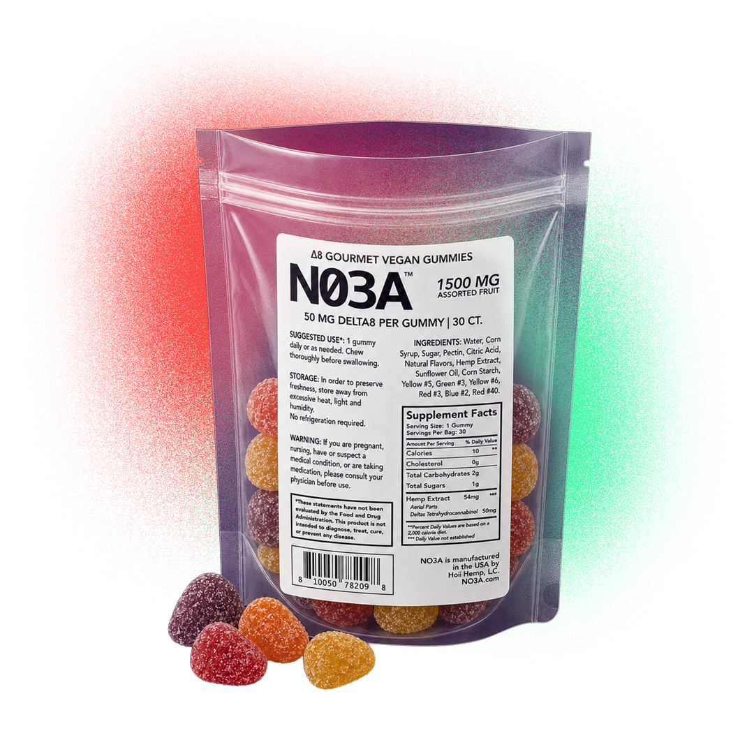 50mg D8 per gummy. 30ct bag of Assorted Fruit (1500mg per bag)